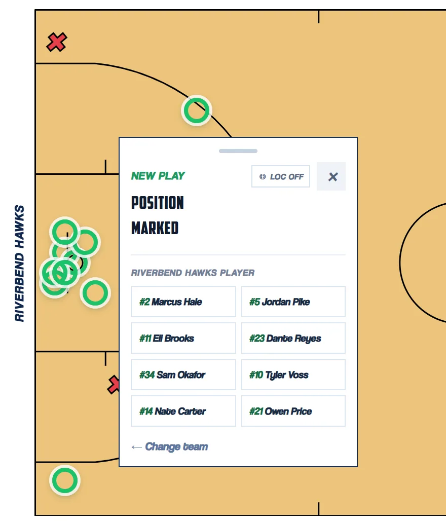 The tracker's play menu open after a tap on the court, listing the demo Riverbend Hawks roster to pick the shooter.